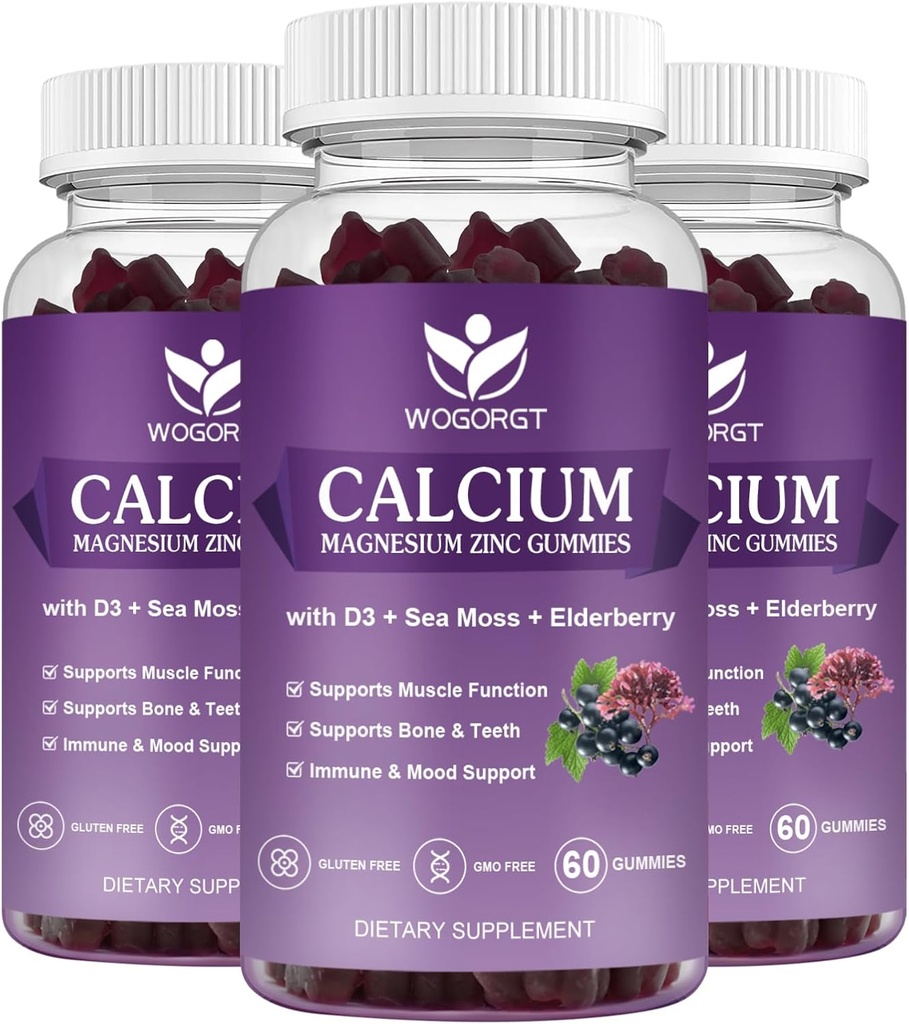Calcium Magnesium Zink-Gummien mit Vitamin D3 - Hohe Absorption Komplexe Kalzium-Ergänzung mit Sea Moss, Elderberry für Knochen, Muskeln, Immun, Mood & Schlaf-Unterstützung, Vegan - 60 Gummi (3 Pack)