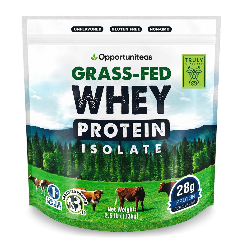 Opportuniteas Grass Fed Whey Isolate Protein Powder – Unflavored, Heavy-Metal Tested, 28g Protein, Sourced from Ireland, Hormone-Free, Non-GMO, Packaged in USA – 2.5lb