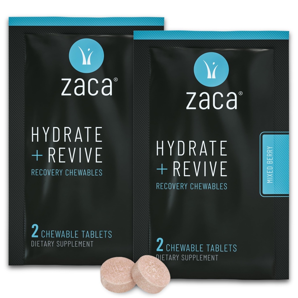 Zaca Recovery Supplément à mâcher : Hydrate + Revive : parti, voyage, exercice et altitude : non-sucre et non-luten : 2 paquets = 4 comprimés