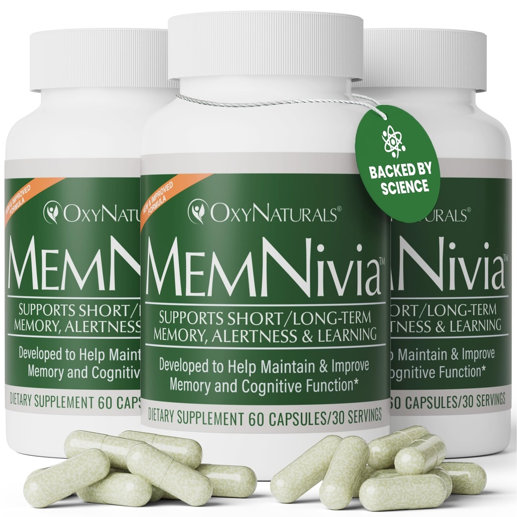 MemNivia Brain Ergänzungen für Memory & Focus | Dual-Sage Stammzellformel mit Cognivia®, Bacopa, Holy Basil & Ginger | Clinical Proven Mental Clarity Support | 180 Kapseln (3 Flaschen) | USA Made