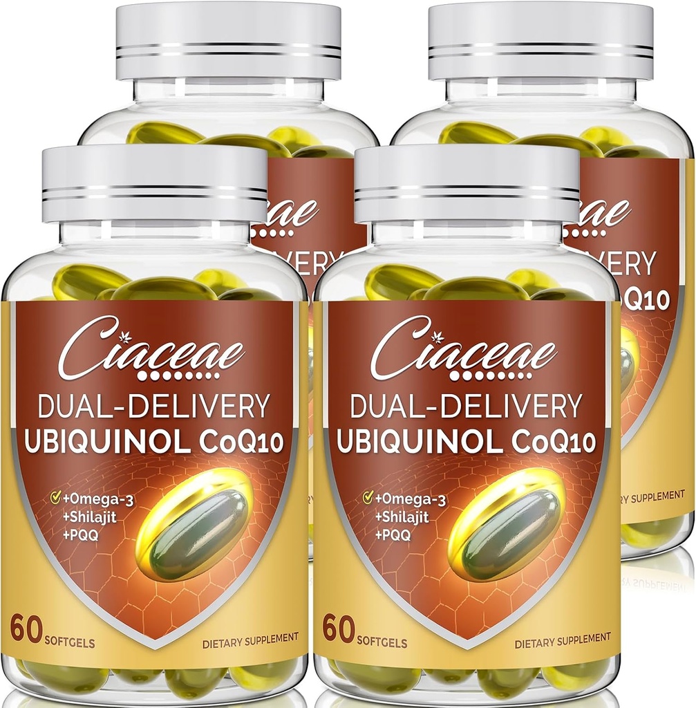 Ubiquinol CoQ10 600 MG Softgels avec Omega-3 & Shilajit & PQQ, Coenzyme à double livraison avancée Q10, Supplément Ubiquinol actif CoQ10 pour la fertilité, l'antioxydant, le coeur, le cerveau et l'énergie, 240 services
