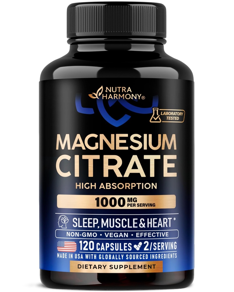 Capsules de citrate de magnésium 1000mg de supplément d'absorption élevée - Sleep, Muscle & Heart Support - Végétalienne - Non-OGM - Fabriqué aux États-Unis - Comme poudre