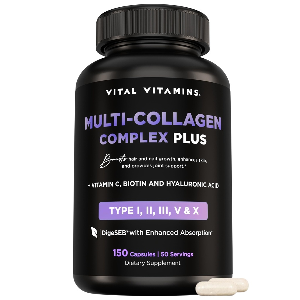 Vitamines Vital Multi Collagen Complex Plus - avec Biotine, Acide Hyaluronique, Vitamine C - Type I, II, III, V, X - pour les femmes et les hommes - Complexe Beauté cheveux, peau, ongles - 150 Capsules