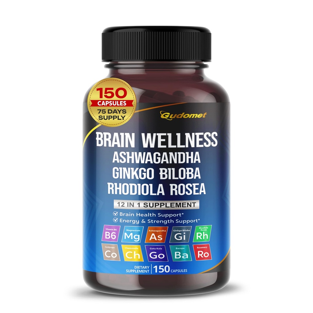 Brain Wellness Ginkgo Biloba Rhodiola Cordyceps Kamille Ashwagandha Gotu Kola Bacopa Rosemary Holy Basil Black Pepper -150 Kapseln- Made in USA