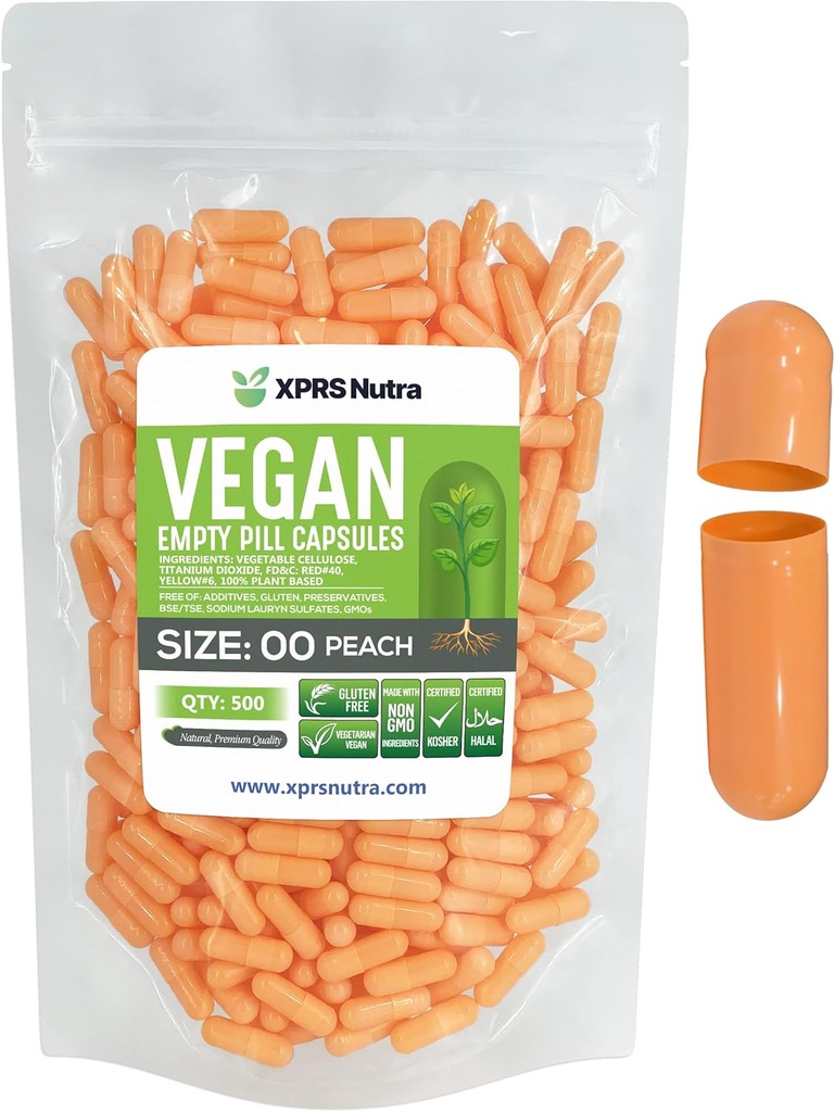 XPRS Nutra Taille 00 Capsules vides - 500 Compte Capsules vides de végétalien - Pilules vides végétariennes - Bricolage Capsules végétales Remplissage- Caps de pilules végétariennes (Peach)