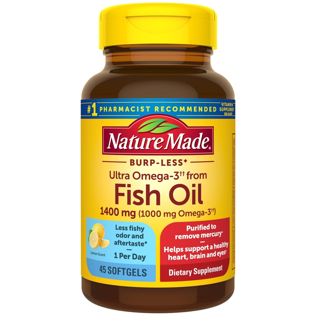 Natur gemacht extra Stärke Omega 3 Fischöl-Ergänzungen, 1400mg, Fischöl Omega 3 Ergänzungen als Ethylester für gesundes Herz, Gehirn, Augen, Mood-Unterstützung, 45 Softgels, 45 Tage Versorgung