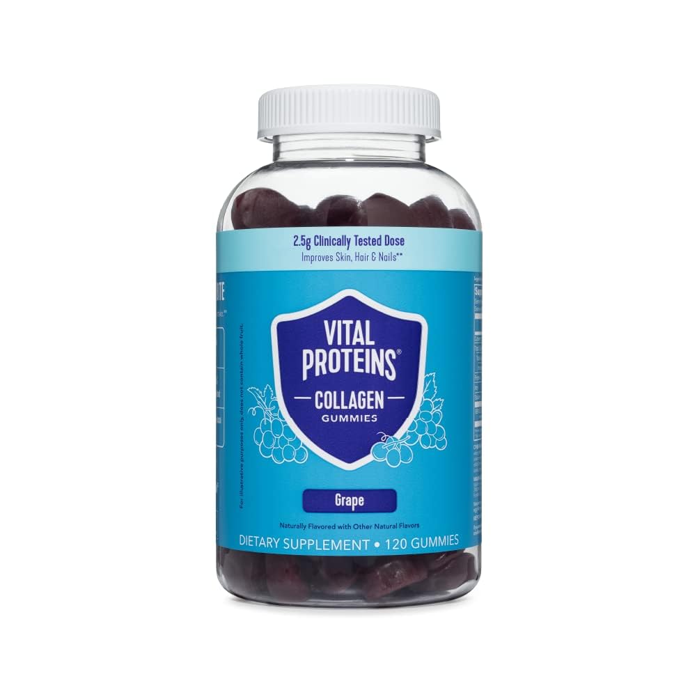 Vitalproteine Kollagengummis, 2,5g klinisch getestetes Kollagen für Haare, Haut, Nägel & Falten, 120 ct, 30-Tage-Versorgung, Traubengeschmack