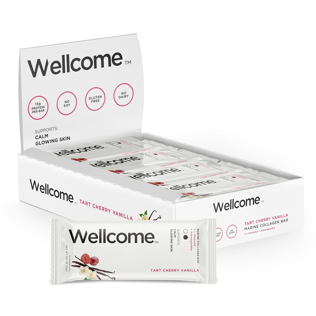 Wellcome Tart Cherry Vanilla Marine Collagen Protein Bar mit Ashwagandha und L-Theanine - Adaptogenic Snack Bar - Dairy Free Health Bar für Functional Active Lifestyle (Pack von 12)