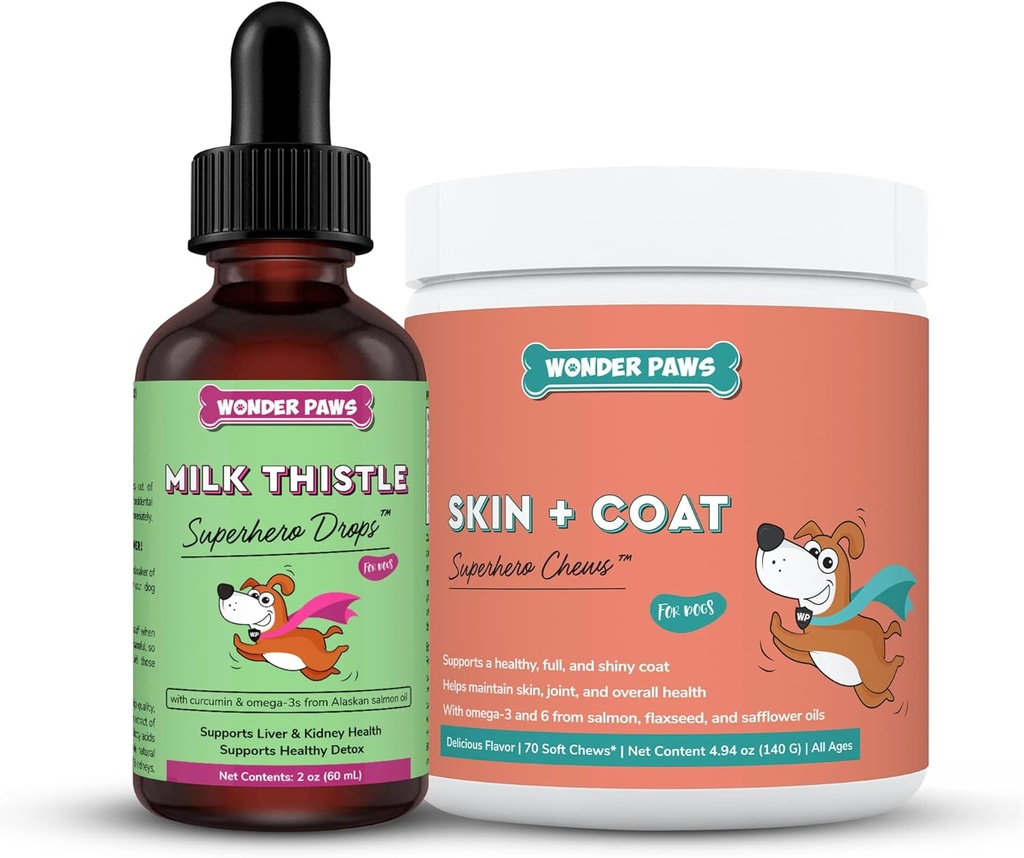 WONDER PAWS Milchdistel Tropfen Plus Haut + Mantel Weiche Kauen - für Hunde Leber und Nieren Unterstützung, Detox & Haut und Mantel Gesundheit - Milchdistel 2 Unzen - Haut + Mantel 70 Chews