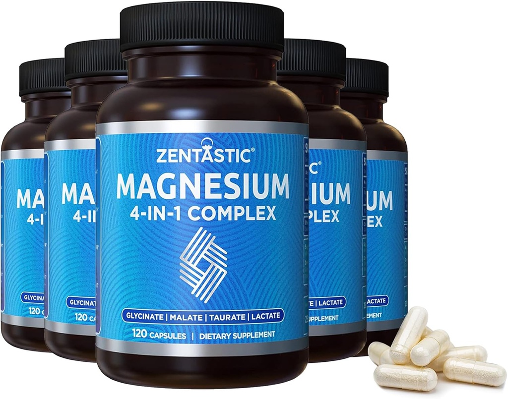 Complexe de Magnésium Zentastique - 600 Capsules de Magnésium - Glycinat de Magnésium Chélaté, Malé, Taurat et Lactate - Soutien os, muscles