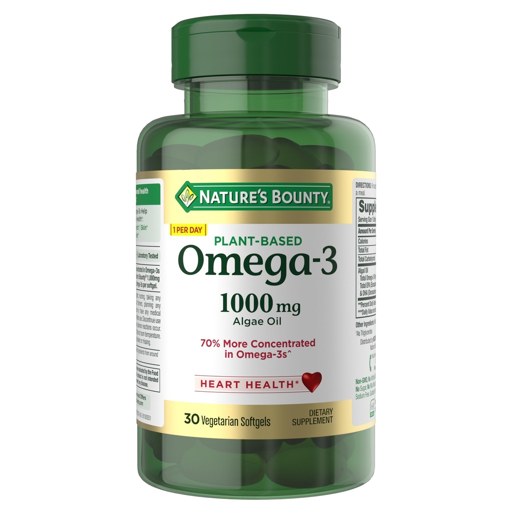 Nature's Bounty Omega 3, Plant-Based Omega 3 Fatty Acid Supplement, 520mg, Unterstützt Ganzkörpergesundheit Einschließlich Herz, Haut, Joint, 30 Vegetarische Softgels, Fischöl Alternative