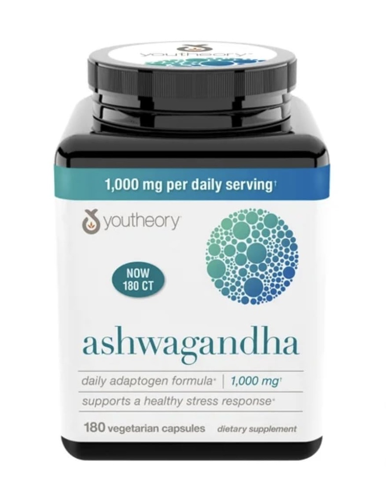 Youtheory Ashwagandha 1000mg avec KSM-66 - Aide à soutenir une réponse au stress en santé,180 capsules (paquet de 1)