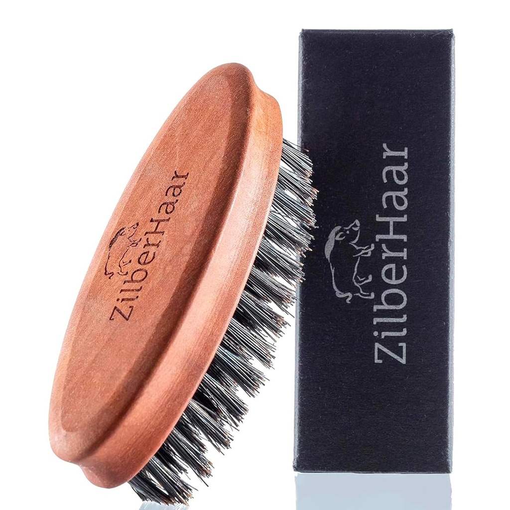 Pince à moustache et brosse à barbe ZilberHaar - Petit pinceau Stiff Boar Brisles - Outil de grooming à barbe parfait - Soulage la démangeaison de barbe - Short and Medium - Fabriqué en Europe