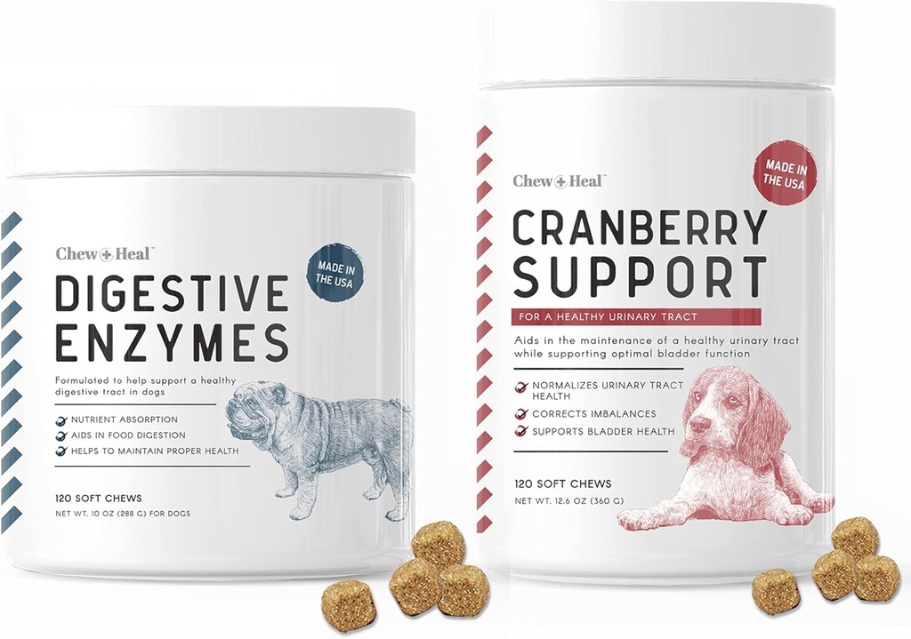 Verdauungsenzyme und Probiotika und Cranberry UTI-Unterstützung für Hunde - Unterstützt gesunde Verdauungstrakt, hilft Nährstoffabsorption - Gesunde Harnwege und Blasenfunktion - 120 Weiche Kauen Jeder