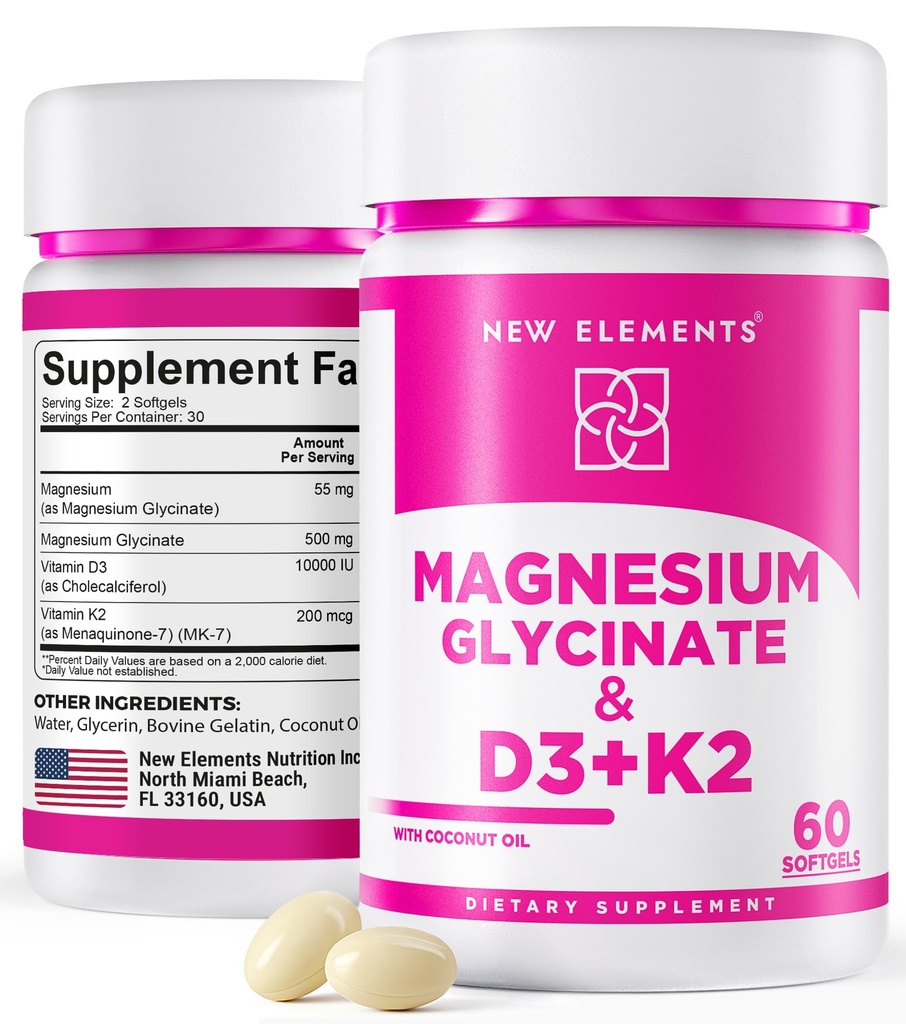 Magnésium Glycinate 500mg avec Vitamine haute puissance D3 10 000 UI et Vitamine K2 200mcg.Enhanced with Coconut Oil for Optimal Absorption.