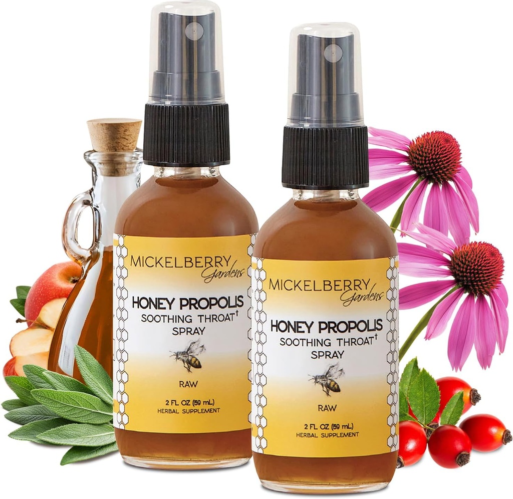 Mickelberry Gardens Honey Propolis Throat Spray - Soothing Sore Throat Relief & Propolis Immununterstützung für Erwachsene & Kinder - Kräuter & Honig Formel (2 oz, 2 Pack)