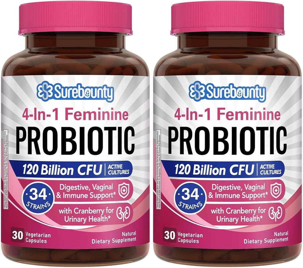 Probiotika für Frauen, 120 Billion CFU 34 Strains, Präbiotika, Verdauungsenzyme, Cranberry, 4-in-1 Feminine Probiotic, Digestive, Vaginal, Immununterstützung, 60ct (Pack von 2)