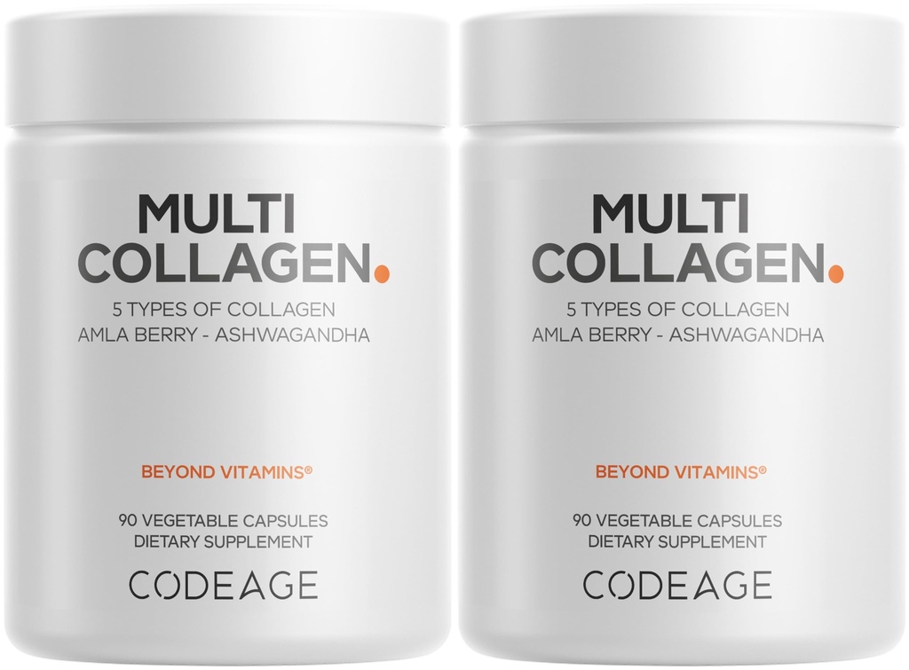 Codeage Multi Collagen Capsules – 5 Collagen Types I, II, III, V & X – Hydrolyzed Grass-Fed Bovine Protein mit Ashwagandha, Amla und Vitaminen - 2-Pack