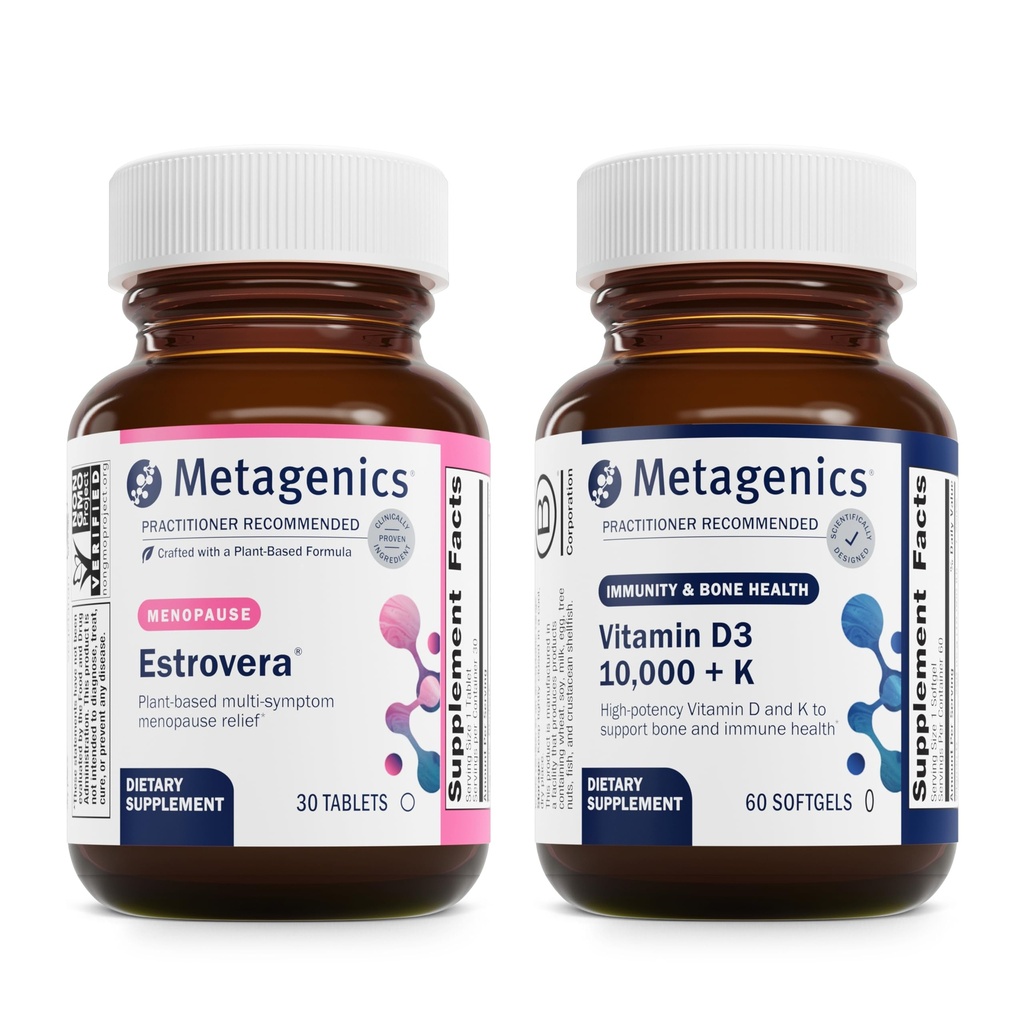 Metagenics Menopause Duo: HerWellness Estrovera - All-Natural, Hormonfreie Menopause Unterstützungsergänzung - 30 Tabletten & Vitamin D3 10.000 + K - für Knochen & Herz Gesundheit - 60 Softgels