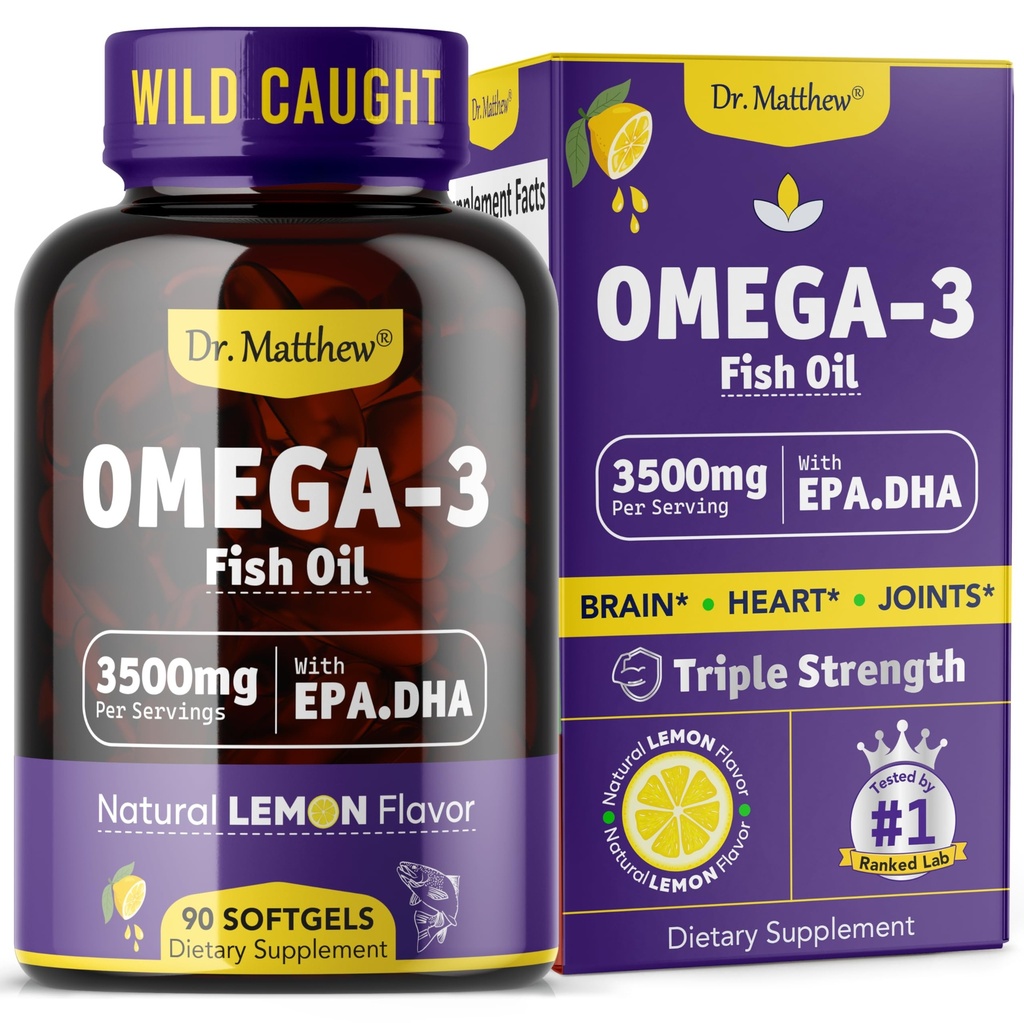 Omega-3 Fischöl, 3500 mg, High EPA & DHA – Kein Fishy Taste, einfach zu schlucken, Burpless, Natural Lemon – Unterstützt Herz, Gehirn & Gelenke Gesundheit – 90 Softgels – Wild Caught.