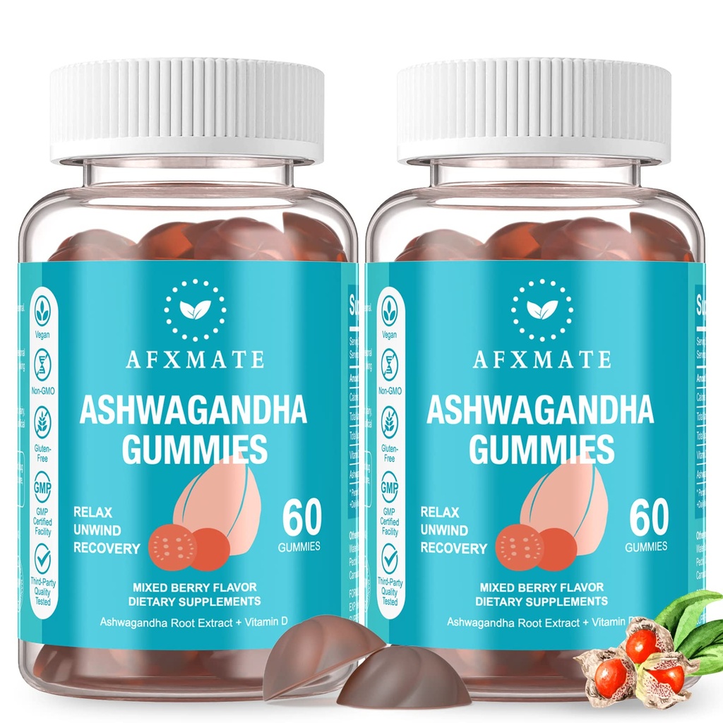 AFXMATE Ashwagandha Gummies & Vitamin D Gummis für Männer & Frauen 120 Count Aswangdha Supplement (Non-GMO, Sugar Free & Gluten Free)