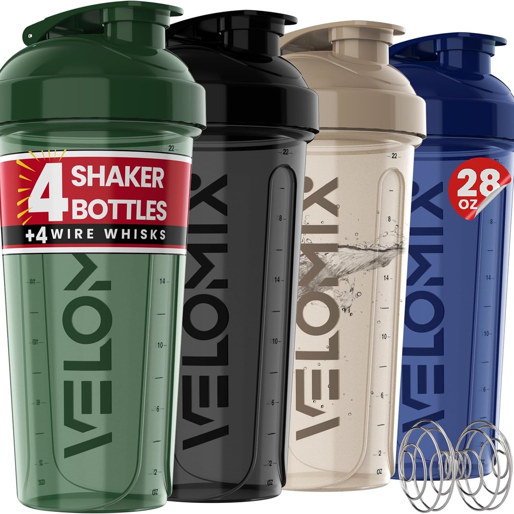 VELOMIX -4 PACK- 28 oz Shaker Cups für Protein Shakes - 4x Wire Whisk | Leak Proof Protein Shaker Bottles for Protein Mixes | Protein Shaker Bottle Pack | Mixer for Protein Shakes (Forest Edge)