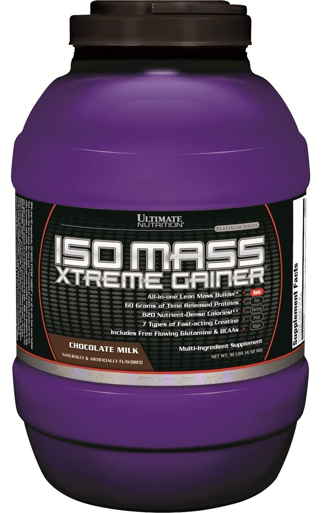 Nutrition Ultimate ISO Mass Xtreme Gainer, gain de poids en poudre de protéines avec de la créatine, 60 grammes de protéines, poudre de protéines isolées de lactosérum pour le gain musculaire maigre, 10 LBS avec 30 portions, chocolat