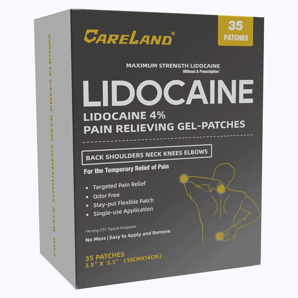 CARELAND 4% Lidocaine Gel Patch, 35 Count Maximum Strength Pain Patches für Muskelentlastung in Neck Knie Rücken und Schultern Unscented Numbing Patch für beruhigende Nerven, Gelenke