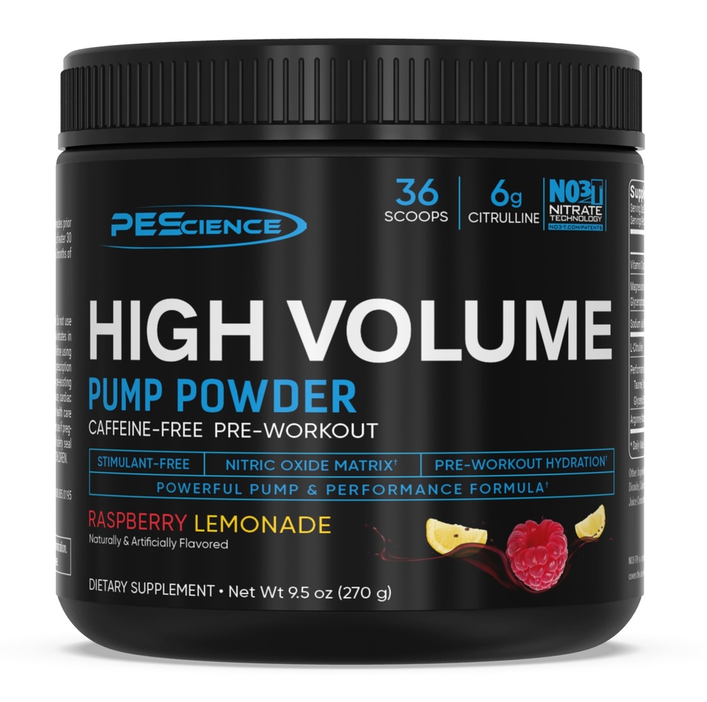 PEScience High Volume Stim-Free Pre-Workout Pump Powder, Koffeinfrei mit L-Citrulline & L-Arginin Nitrat, Non-Stim Preworkout für Männer und Frauen - 36 Scoops, Raspberry Lemonade