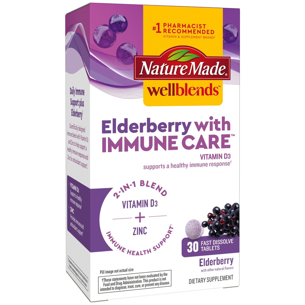 La nature fait Wellblends Elderberry avec ImmuneCare, Vitamine D3 et Zinc, avec de l'arôme de mûrier, 30 comprimés rapidement dissous