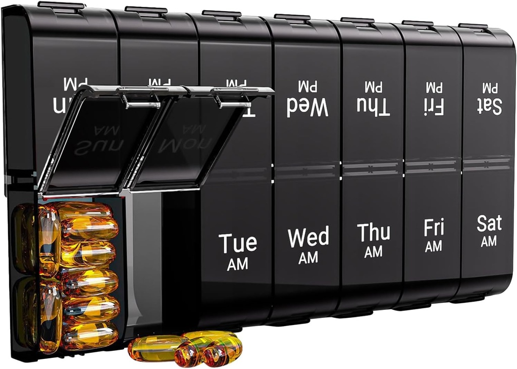 7 jours Extra Large Pill Organizer 2 fois par jour, hebdomadaire Pill Box Deux fois par jour, XL AM PM Pill Case, surdimensionné organisateur de médicaments quotidiens pour la vitamine, grand contenant de pilule (noir)