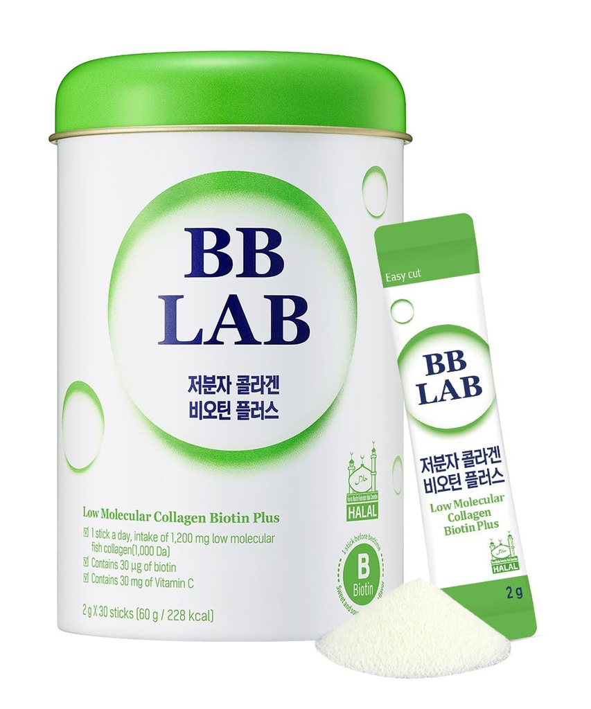 BB LAB Low Molecular Collagen Biotin Plus, Collagène Halal, Supplément en poudre, Collagène marin coréen, Peptides de collagène de poisson, Biotine, Vitamine C, Absorption rapide, Brillant Muscat Flavor