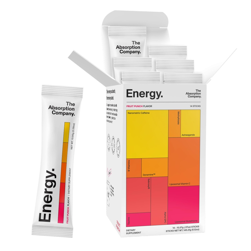 Die Absorptionsfirma Energy Drink Powder Mix Packets – Clean Energy Booster zur Unterstützung der Alertness mit 150mg natürlichem Koffein & Vitamin C – Fruit Punch Flavor, 14 Sticks