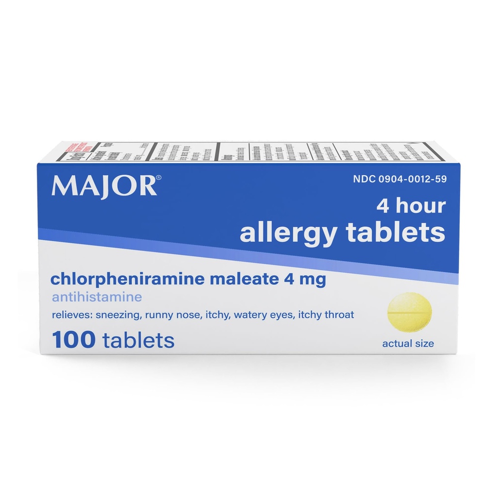 MAJOR 4 Mg Comprimés allergènes - Chlorphéniramine Maléate 4 heures Allergie Médecine - Antihistamine pour soulager les éternuements, les yeux aqueux démangeaisons, la gorge démangeantelée et le nez runny - 100 Compte (1 paquet)
