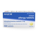 MAJOR 4 Mg Comprimés allergènes - Chlorphéniramine Maléate 4 heures Allergie Médecine - Antihistamine pour soulager les éternuements, les yeux aqueux démangeaisons, la gorge démangeantelée et le nez runny - 100 Compte (1 paquet)