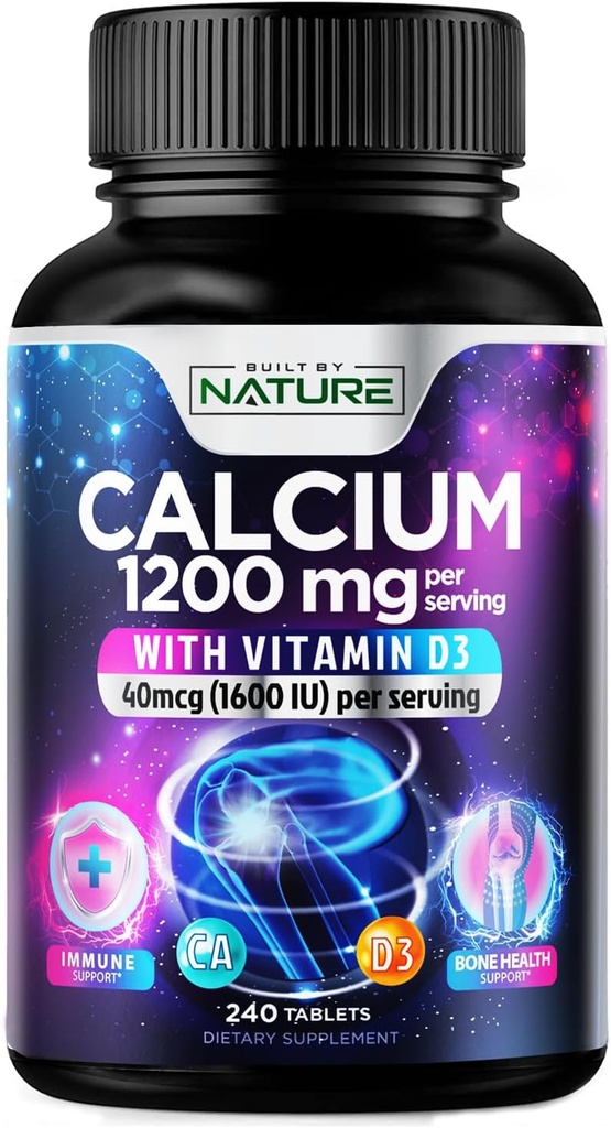 Calcium 1200mg mit Vitamin D3 für beste Absorption - Fortgeschrittene Knochenunterstützungsergänzung, 1200 mg Calciumcarbonat & 1600 IU Vitamin D3, langsame Freisetzung für Immununterstützung, leicht zu schlucken, 240 Tabletten