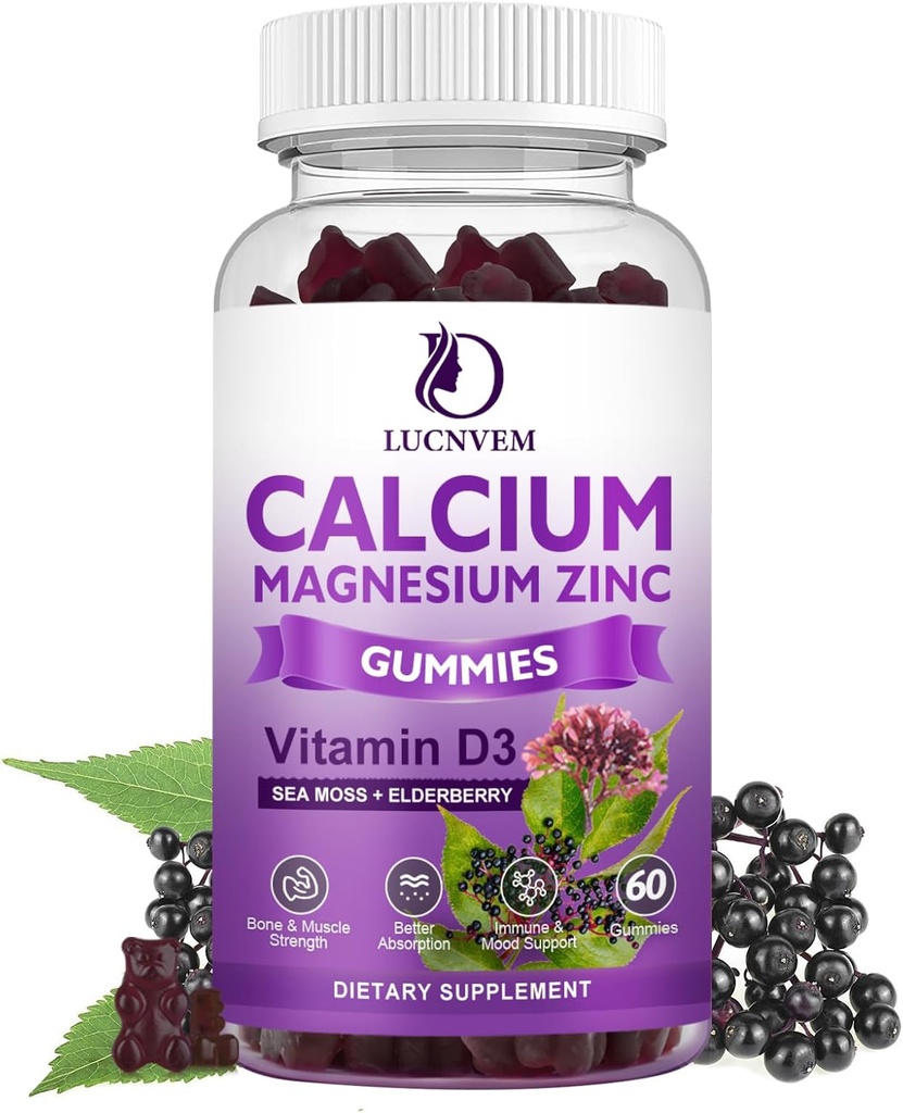 Sugar Free Calcium Magnesium Zink Gummi mit Elderberry und Sea Moss, Calcium Magnesium 2:1, Magnesium Glycinat, Kalium und Vitamin D3 für Knochen, Muskeln, Kalm Mood & Sleep Support, 60 Gummis