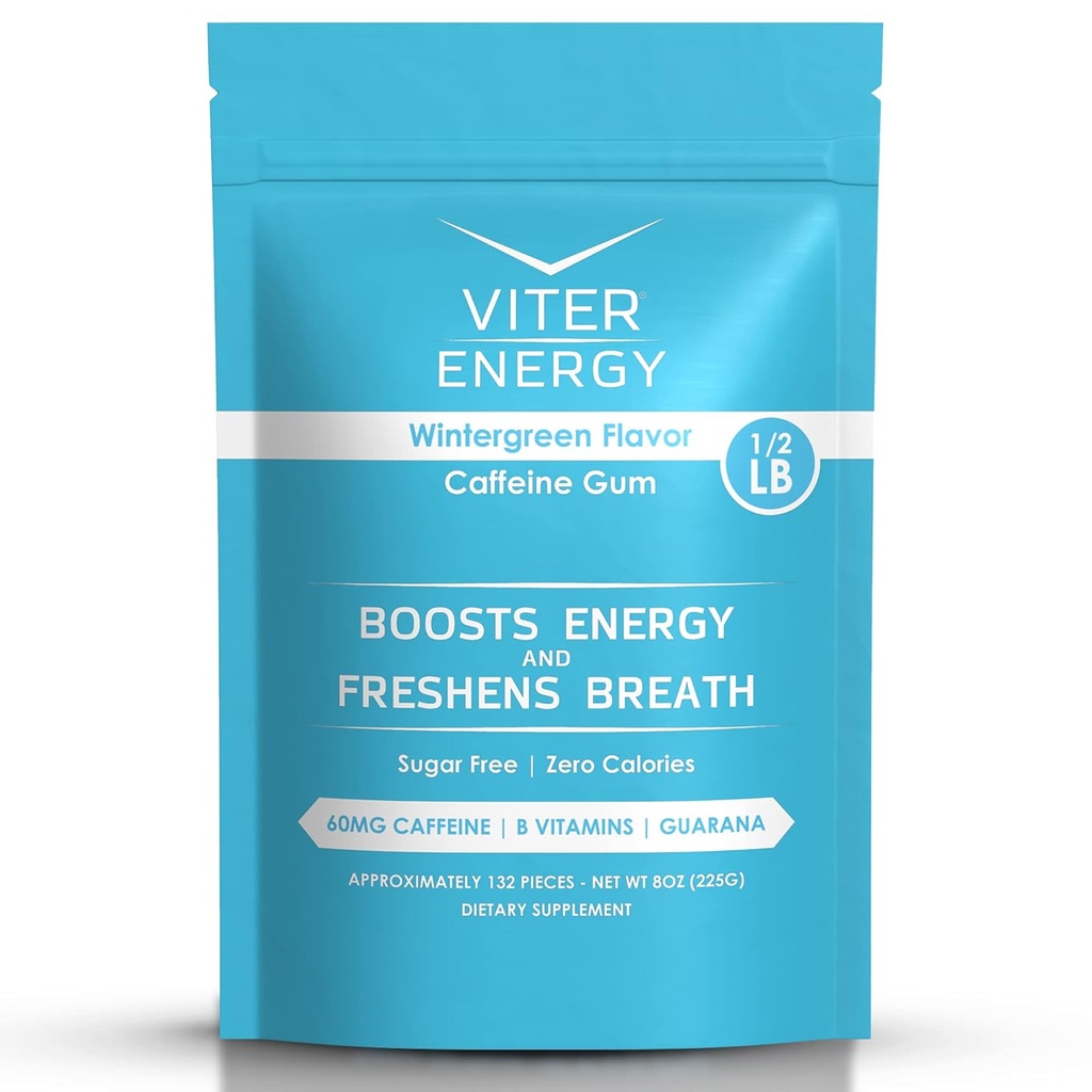Viter Energy Koffeiniertes Gum 60mg Koffein, B Vitamine, Guarana, Sugar Free. (Wintergrün, 8oz, Bulk Bag)