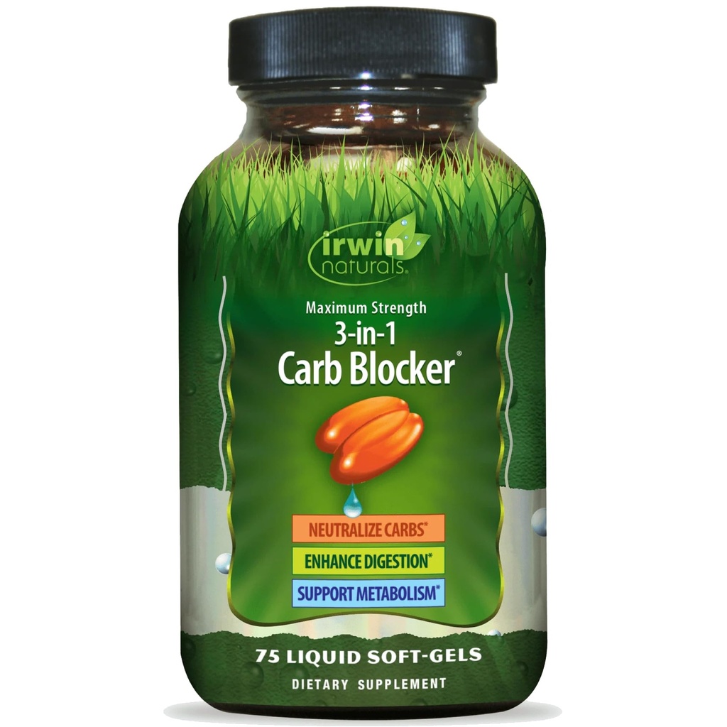 Irwin Naturals Maximale Stärke 3-in-1-Karb-Blocker, Neutralisation von Kohlenhydraten und Unterstützung Metabolismus, 75 Liquid Softgels, 2 Pack