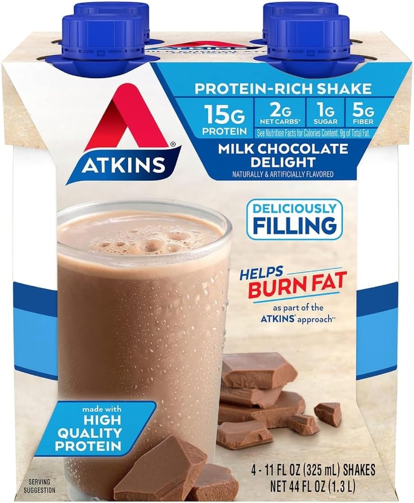 Atkins Milk Chocolate Delight Protein Shake, 15g Protein, Low Glycemic, 2g Net Carb, 1g Zucker, Keto Friendly, 4 Count