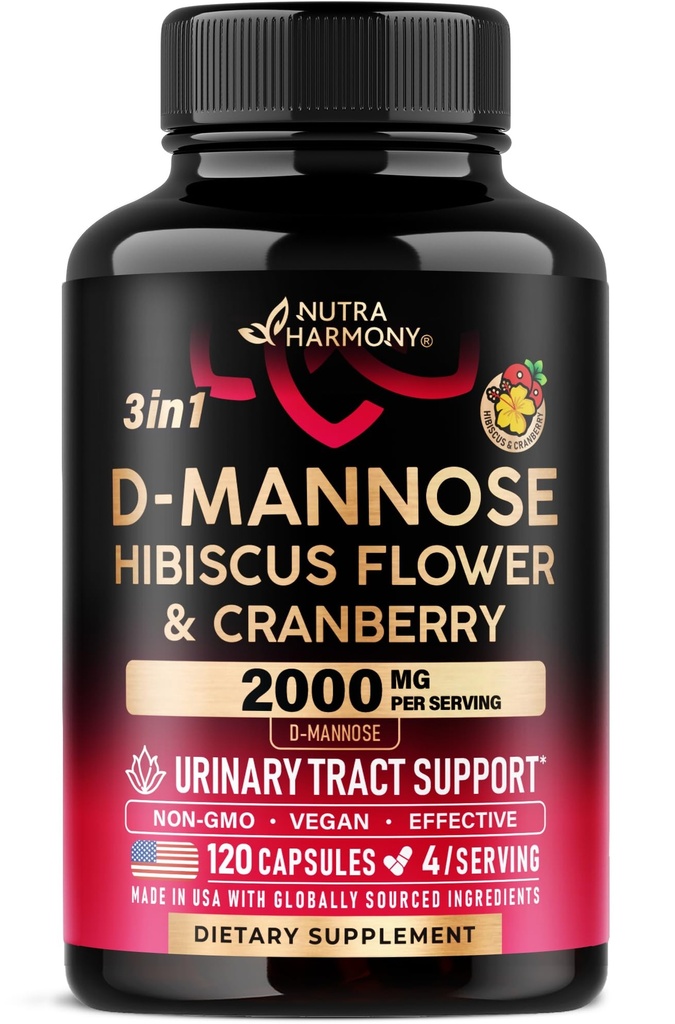 D-Mannose 2000mg avec canneberge et Hibiscus - Résistance testée cliniquement pour la santé urinaire - Supplément pour les femmes - Soutien de la vésicule, foie et microflore - Fabriqué aux États-Unis - Vegan, 120 capsules