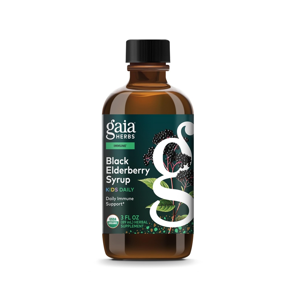 Gaia Herbs GaiaKids Black Elderberry Syrup - Delicious Immun Support Supplement für Kinder - mit Organic Black Elderberries und Honig - USDA Zertifiziert - 3 Fl Oz