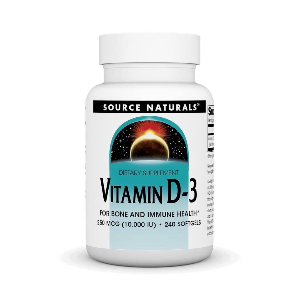 Source Naturals Vitamine D-3, soutient la santé osseuse et immunitaire*, 250 mcg (10 000 UI) - 240 Softgels