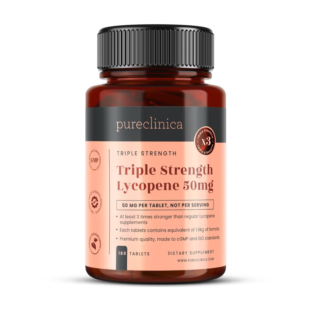 purclinica Lycopène 50mg x 180 comprimés (6 mois d'approvisionnement). 300% Résistance des comprimés lycopènes réguliers