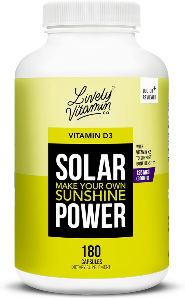 VITAMIN CO. Solar Power Vitamin D3 5000 iu - patentiertes Vitamin K - MK7 - Immunbilanz - Gehirnfunktion - Stimmung - Herz - Stress - 180 Zähler