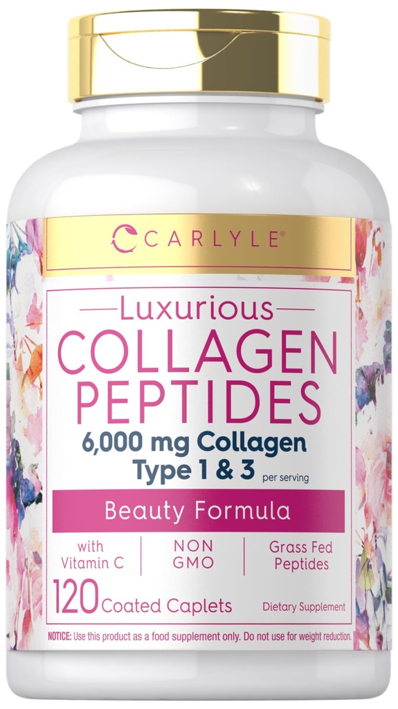 Carlyle Collagen mit Vitamin C | 6000mg | 120 Caplets | Multi Collagen Peptid Pillen | Typ 1 und 3 | Non-GMO, Glutenfrei, Gras Fed