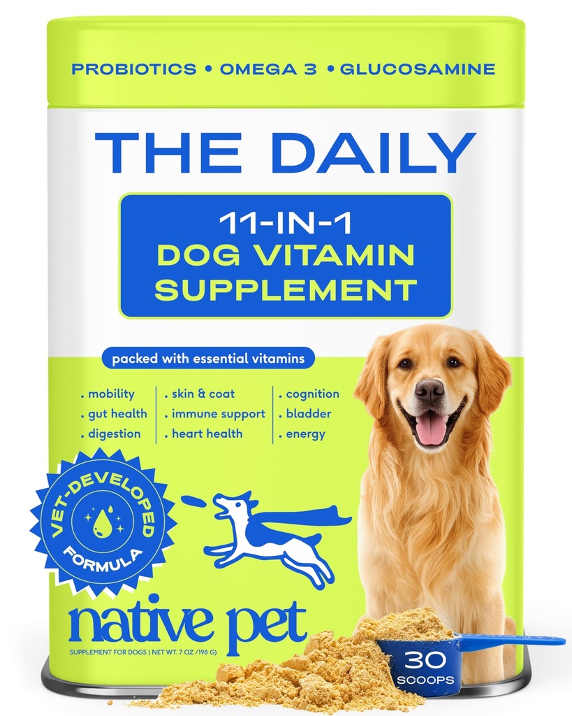 Native Pet Dog Vitamine & Supplements - 11-in-1 Multivitamin Pulver für Hunde Lebensmittel Topper - Collagen, Glucosamin, Probiotics, Omega & More- Unterstützt gesundes Gut, Mobilität & Gesamtgesundheit -30 Scoops