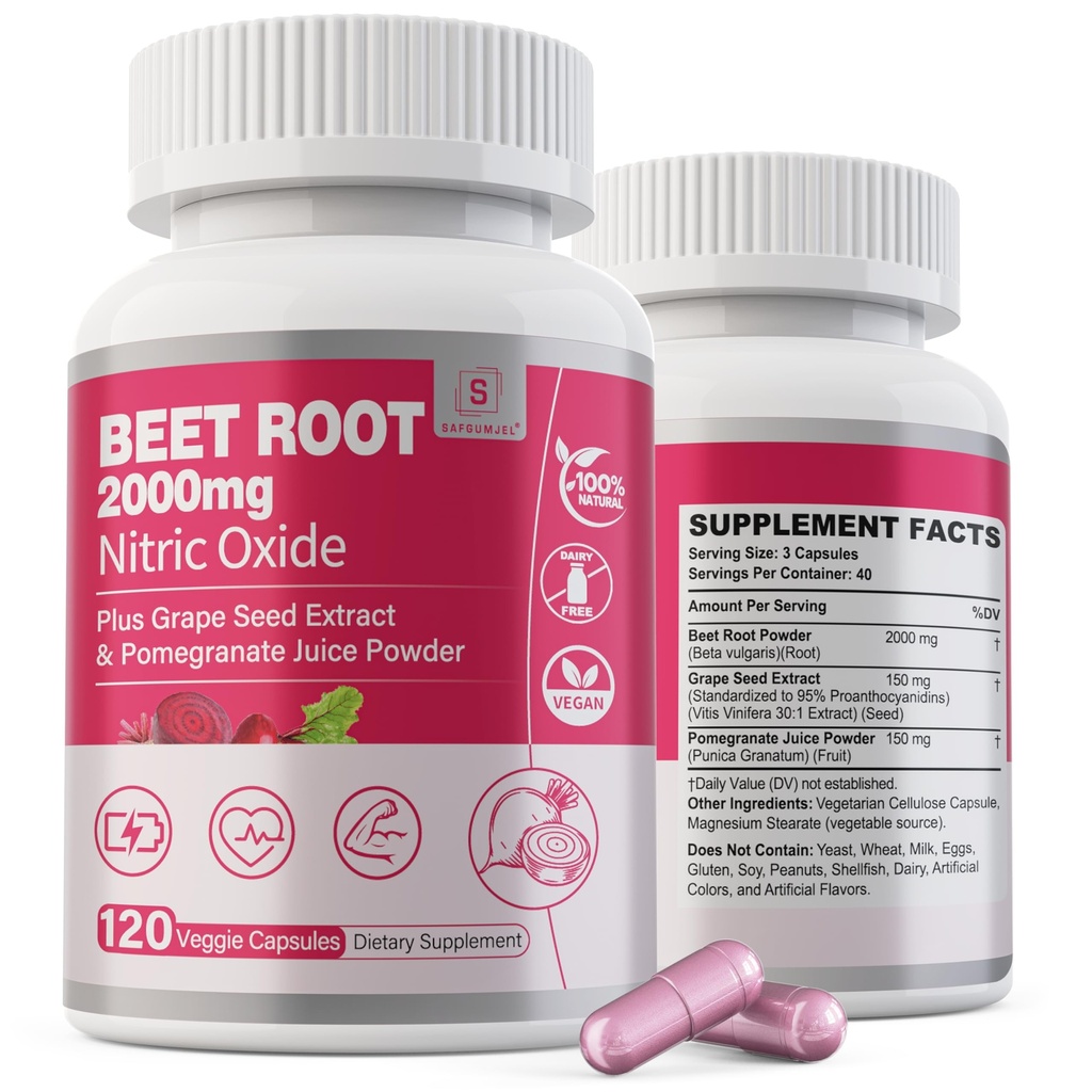 Beet Root Capsules 2000mg Nitric Oxid Ergänzungen w/ Grape Seed Extract, Granatapfelextrakt unterstützt Zirkulation & Blutfluss, Energie für Männer/Frauen, Bio-Beetroot Pulver, Non GMO, 240 Zähler
