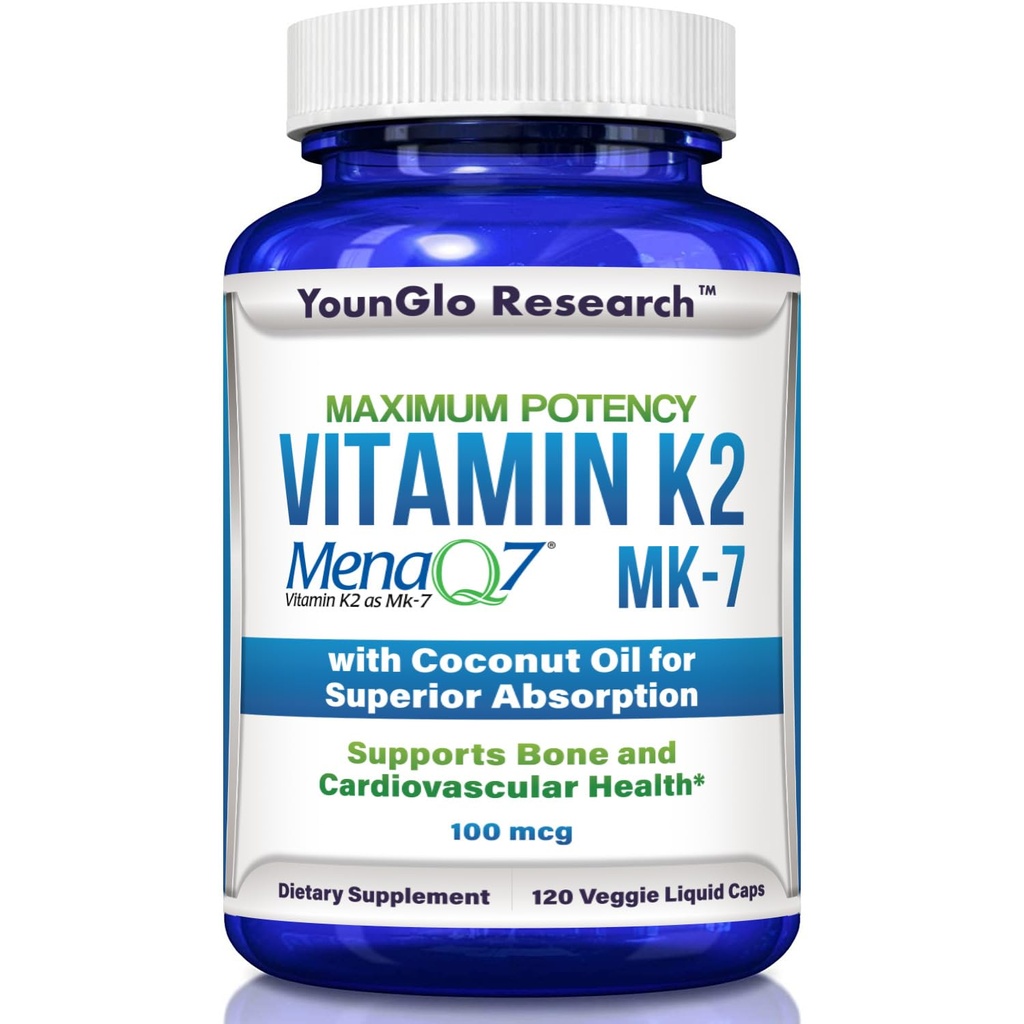 Vitamine K2 MK7 (MenaQ7) 100 mcg w/huile de coco pour l'absorption supérieure, supplément de santé alimentaire, 120 capsules liquides véganes pour soutenir la force et la densité osseuses pour les adultes Femmes et hommes