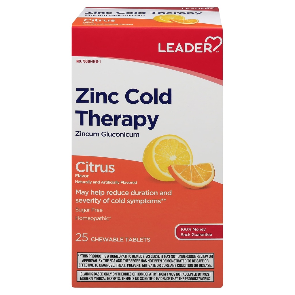 Leader Zinc Thérapie froide Comprimés à croquer, Supplément de zinc homéopathique non somnolent, réduit la durée et la gravité des symptômes du rhume, traitement à froid à action rapide, Arôme d'agrumes, sans sucre, 25 Compte
